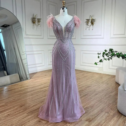 Luxury Dubai Blue Mermaid Evening Dress with Pearls and Feathers LA72578