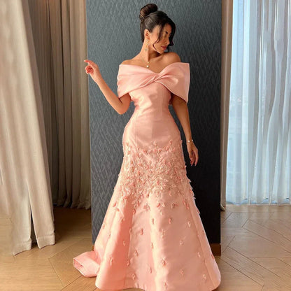 Luxury Peach Satin Mermaid Evening Dress with Appliques LA72483