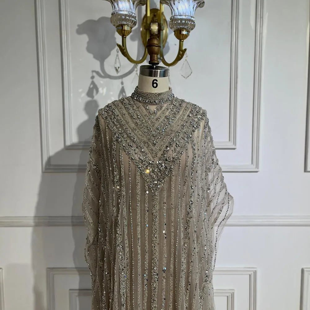 Luxury Dubai Cape Sleeve Crew Neck Beaded Evening Dresses LA72484