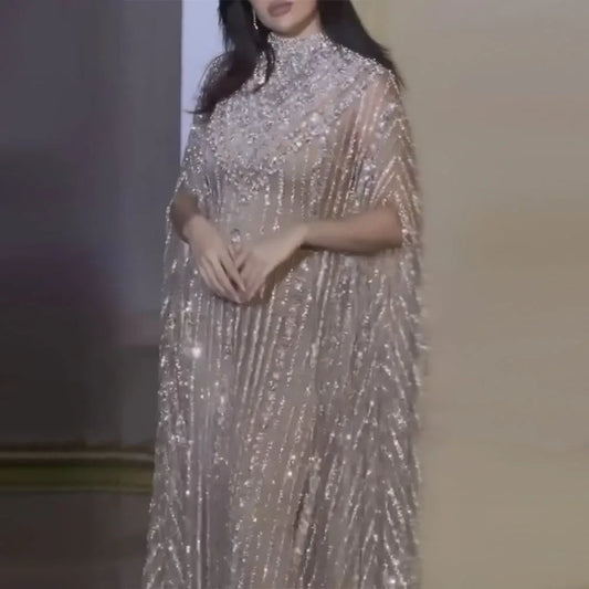 Luxury Dubai Cape Sleeve Crew Neck Beaded Evening Dresses LA72484
