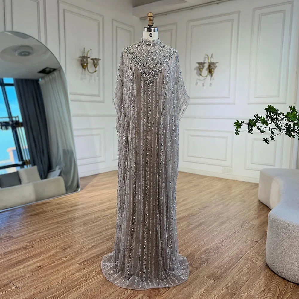 Luxury Dubai Cape Sleeve Crew Neck Beaded Evening Dresses LA72484