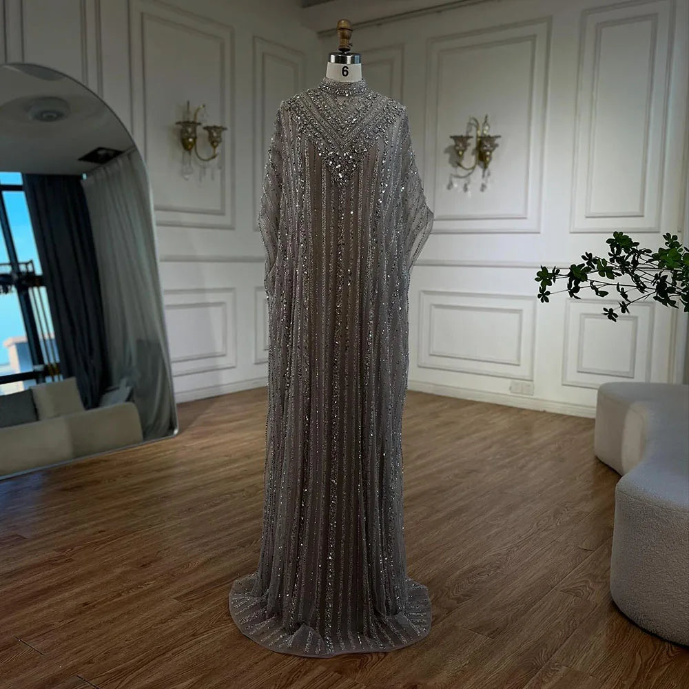 Luxury Dubai Cape Sleeve Crew Neck Beaded Evening Dresses LA72484