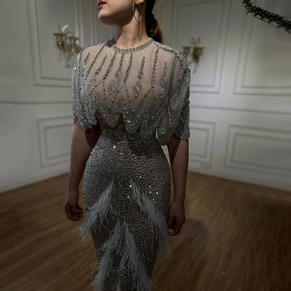 Luxury Dubai White Feathers Two Pieces Evening Dresses LA72098