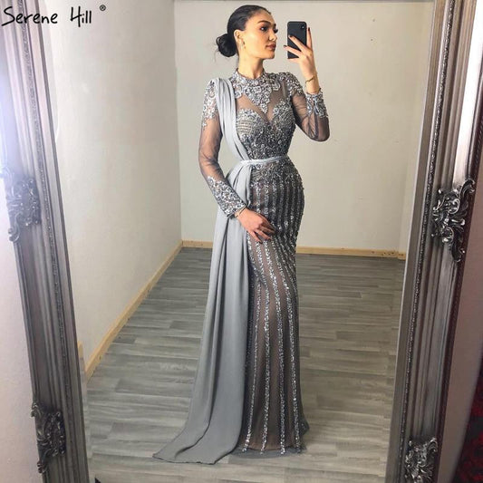 Serene Hill  Luxury Muslim Gray Luxury Long Elegant with Detachable Train Mermaid Evening Gowns Dresses  For Woman LA70199