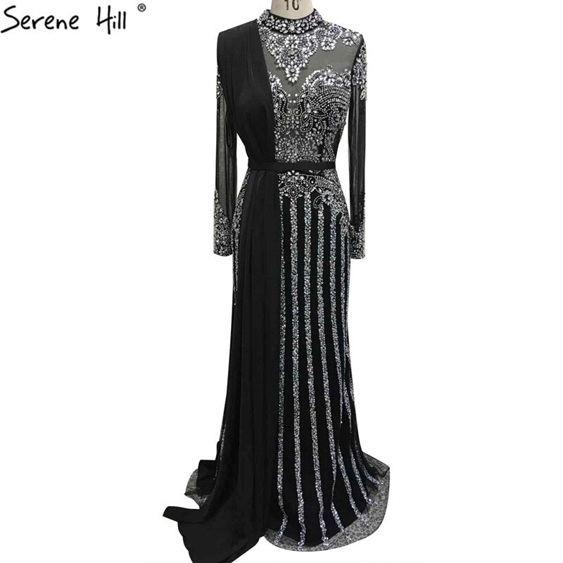 Serene Hill  Luxury Muslim Gray Luxury Long Elegant with Detachable Train Mermaid Evening Gowns Dresses  For Woman LA70199