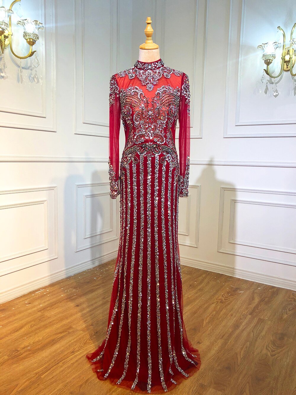 Serene Hill  Luxury Muslim Gray Luxury Long Elegant with Detachable Train Mermaid Evening Gowns Dresses  For Woman LA70199