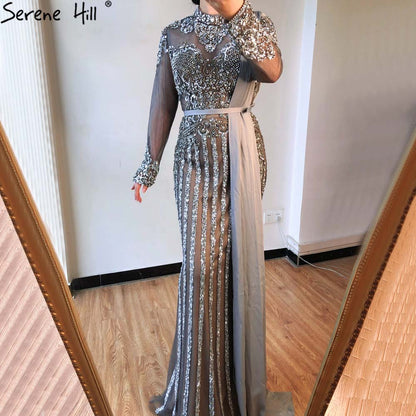 Serene Hill  Luxury Muslim Gray Luxury Long Elegant with Detachable Train Mermaid Evening Gowns Dresses  For Woman LA70199