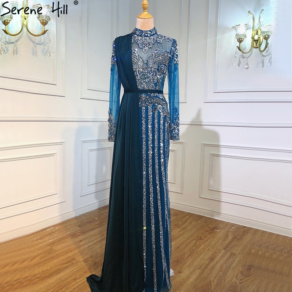 Serene Hill  Luxury Muslim Gray Luxury Long Elegant with Detachable Train Mermaid Evening Gowns Dresses  For Woman LA70199