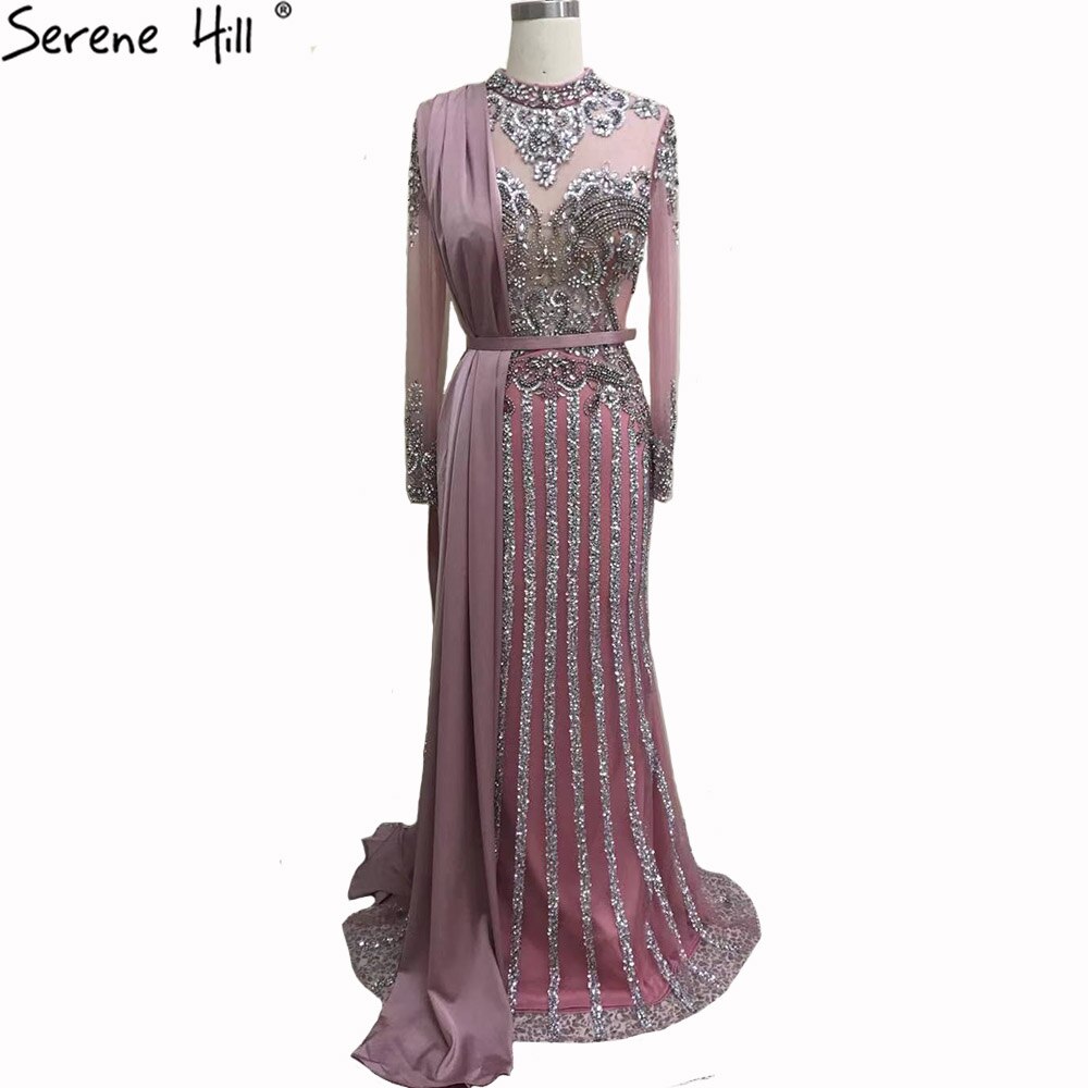 Serene Hill  Luxury Muslim Gray Luxury Long Elegant with Detachable Train Mermaid Evening Gowns Dresses  For Woman LA70199