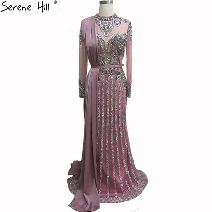 Serene Hill  Luxury Muslim Gray Luxury Long Elegant with Detachable Train Mermaid Evening Gowns Dresses  For Woman LA70199