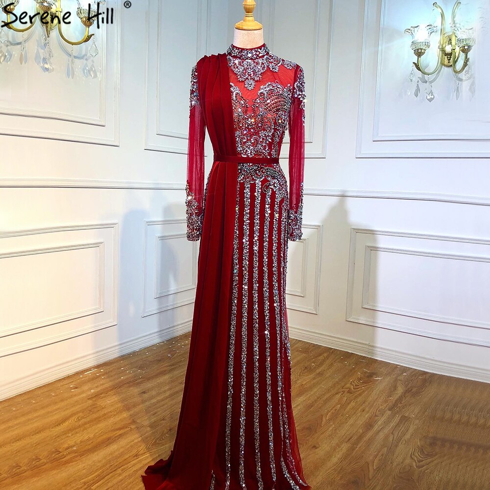 Serene Hill  Luxury Muslim Gray Luxury Long Elegant with Detachable Train Mermaid Evening Gowns Dresses  For Woman LA70199
