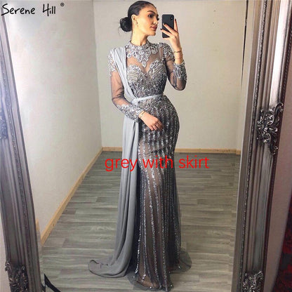 Serene Hill  Luxury Muslim Gray Luxury Long Elegant with Detachable Train Mermaid Evening Gowns Dresses  For Woman LA70199