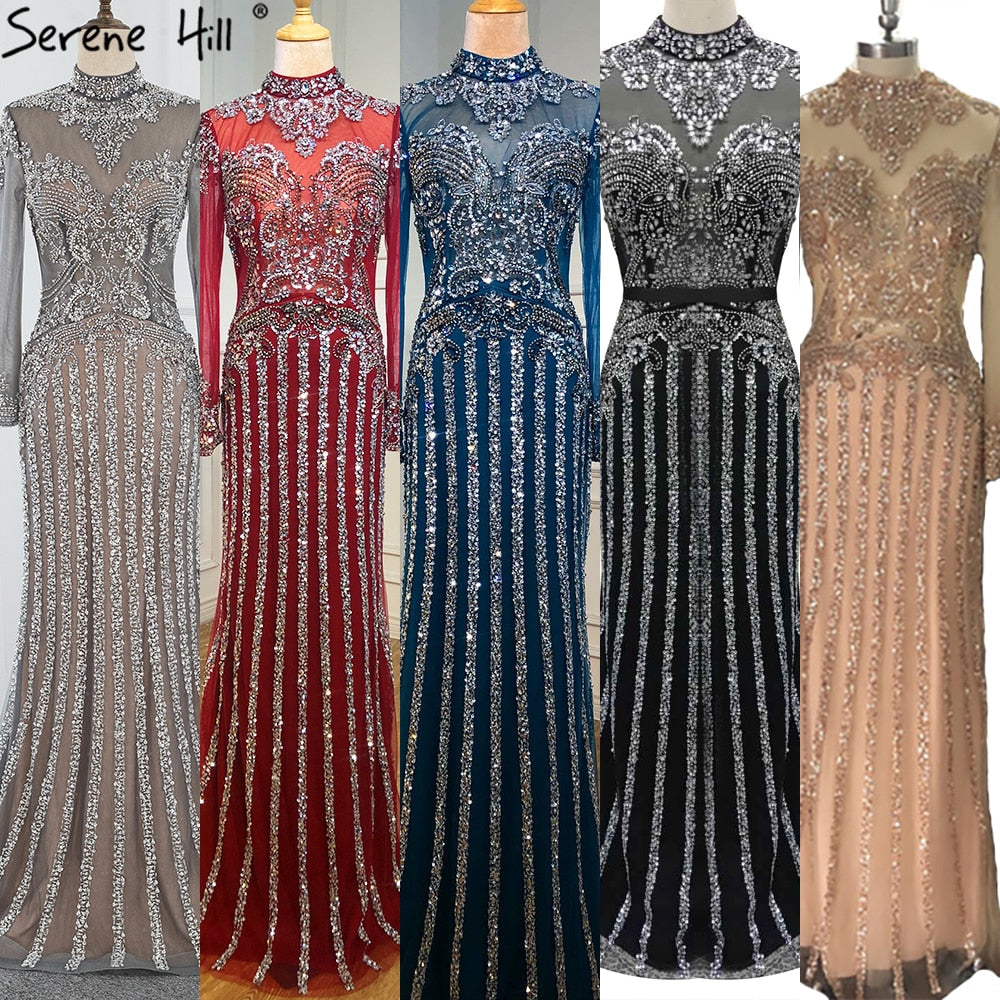 Serene Hill  Luxury Muslim Gray Luxury Long Elegant with Detachable Train Mermaid Evening Gowns Dresses  For Woman LA70199