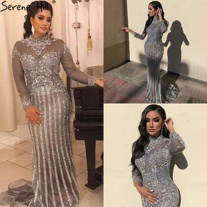 Serene Hill  Luxury Muslim Gray Luxury Long Elegant with Detachable Train Mermaid Evening Gowns Dresses  For Woman LA70199