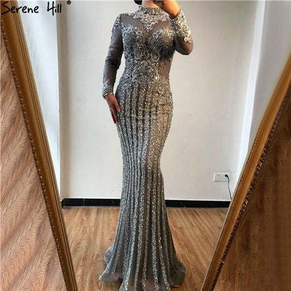 Serene Hill  Luxury Muslim Gray Luxury Long Elegant with Detachable Train Mermaid Evening Gowns Dresses  For Woman LA70199