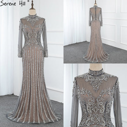 Serene Hill  Luxury Muslim Gray Luxury Long Elegant with Detachable Train Mermaid Evening Gowns Dresses  For Woman LA70199
