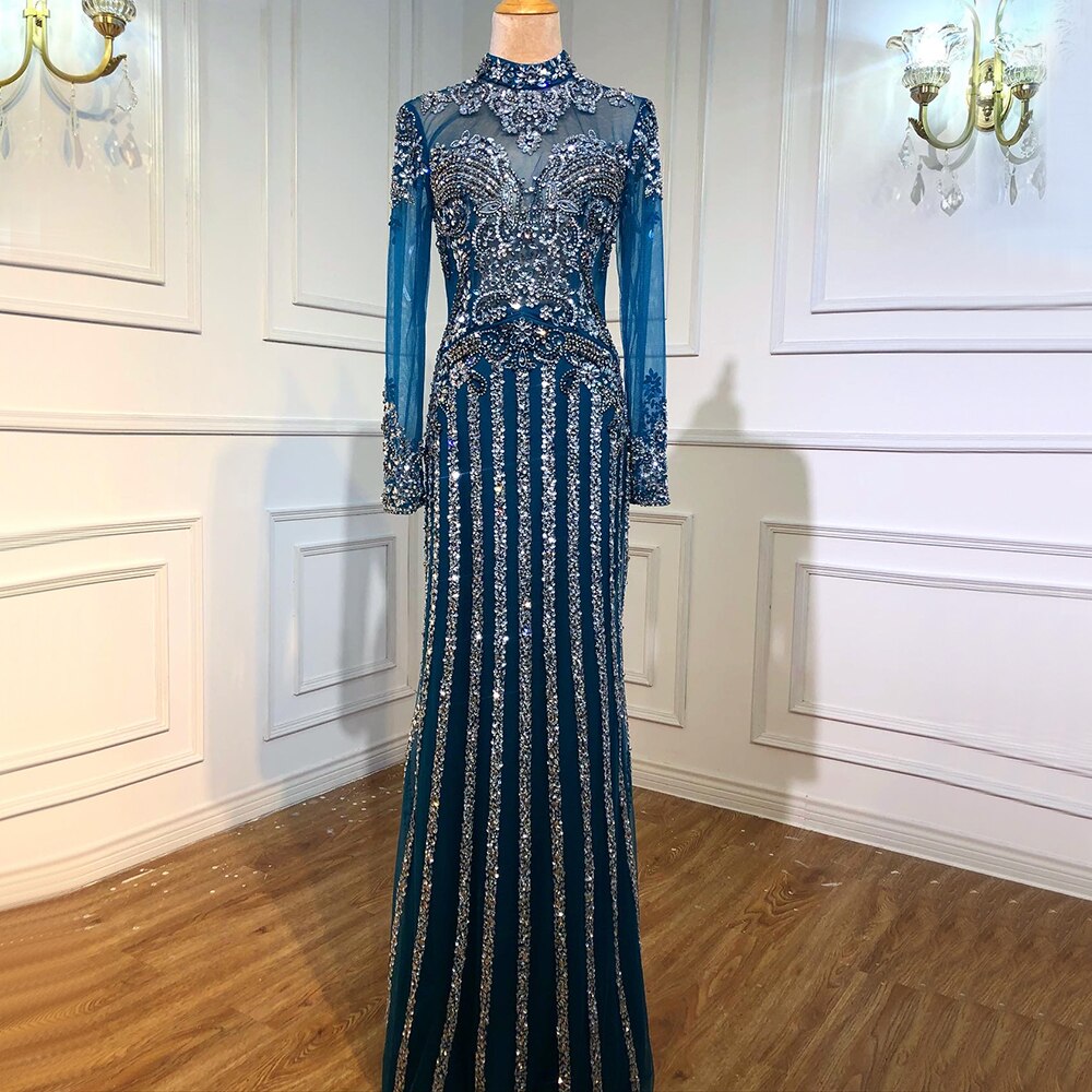 Serene Hill  Luxury Muslim Gray Luxury Long Elegant with Detachable Train Mermaid Evening Gowns Dresses  For Woman LA70199