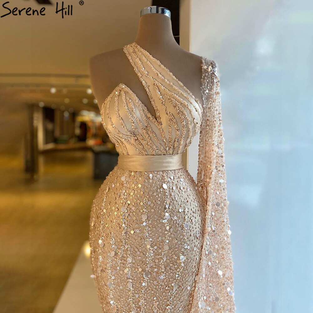Elegant Nude One Shoulder Feather Beaded Mermaid Evening Dress LA71096