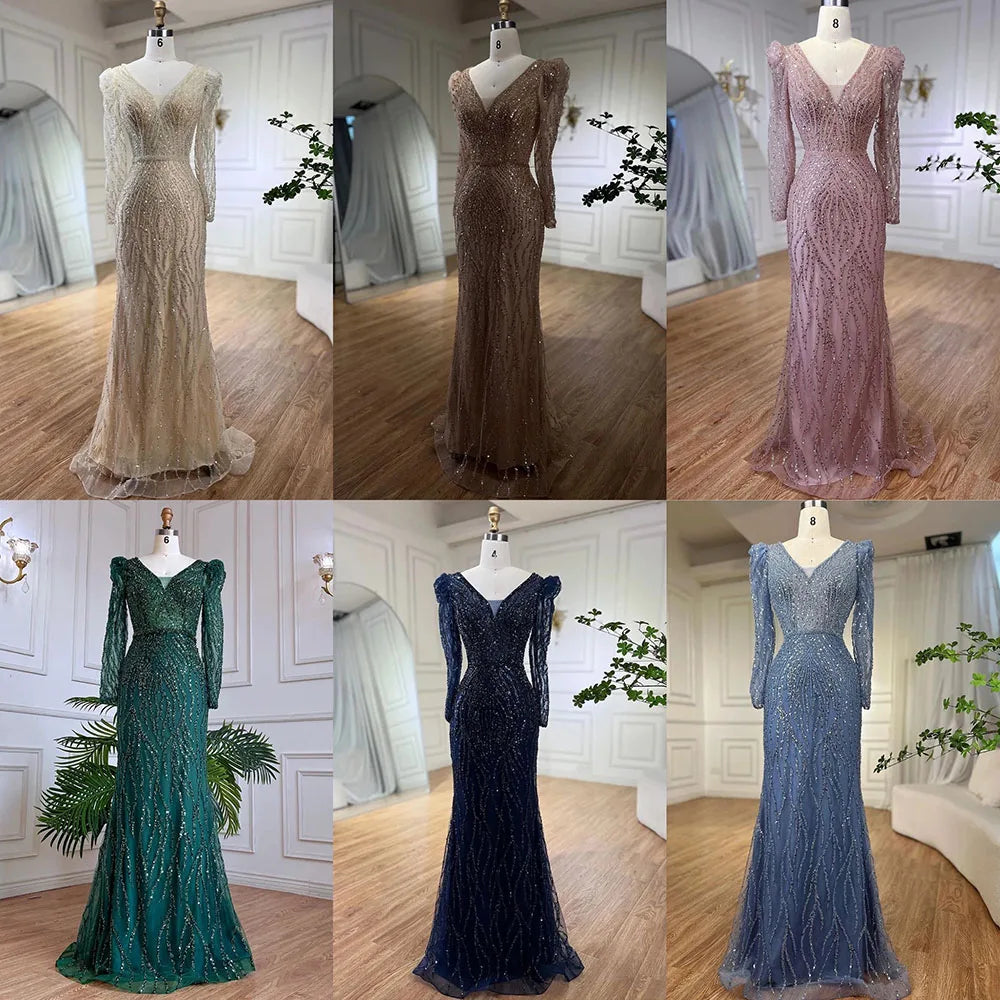 Luxury Blue Arabic Mermaid Beaded Evening Dress LA71931