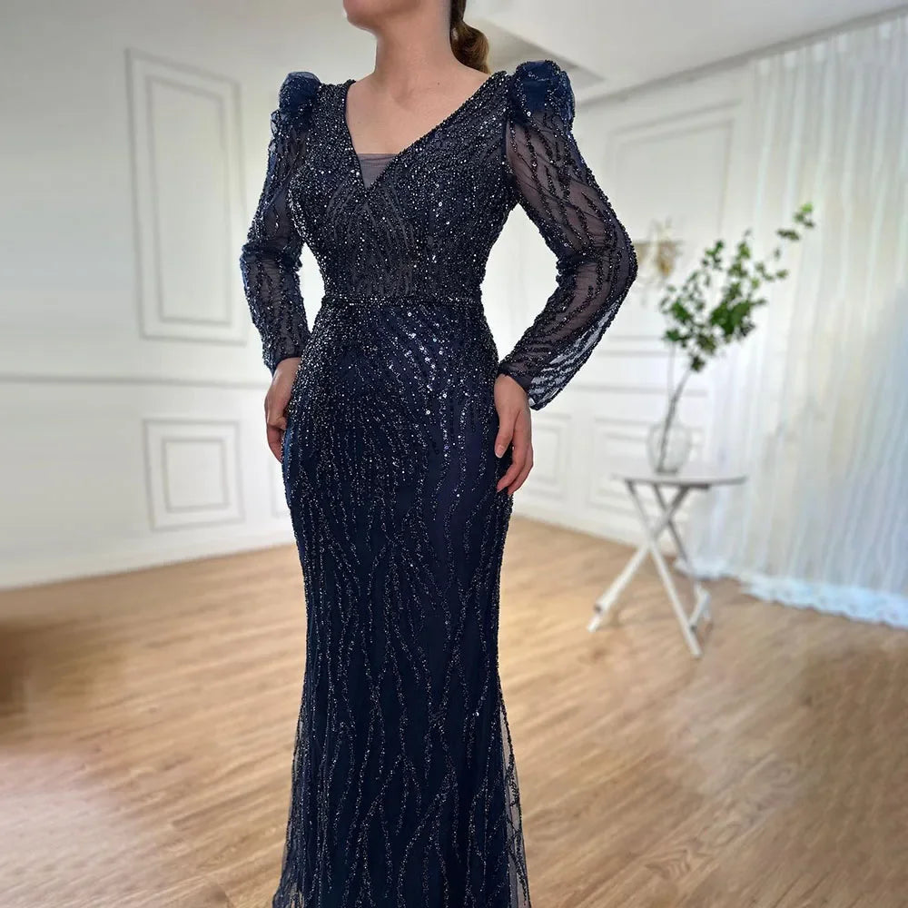 Luxury Blue Arabic Mermaid Beaded Evening Dress LA71931