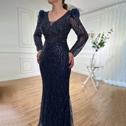 Luxury Blue Arabic Mermaid Beaded Evening Dress LA71931