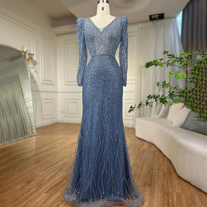 Luxury Blue Arabic Mermaid Beaded Evening Dress LA71931