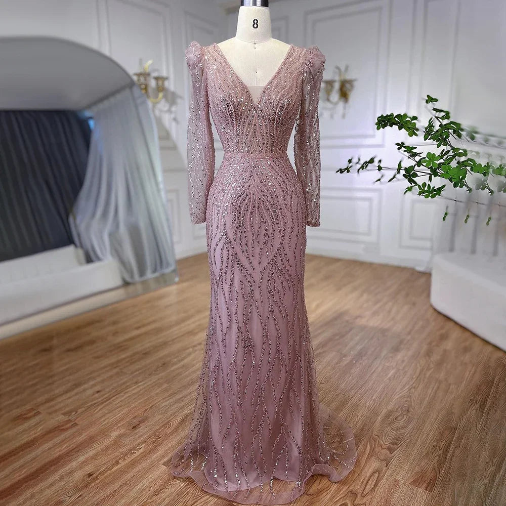 Luxury Blue Arabic Mermaid Beaded Evening Dress LA71931