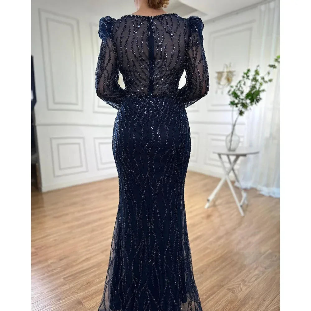 Luxury Blue Arabic Mermaid Beaded Evening Dress LA71931