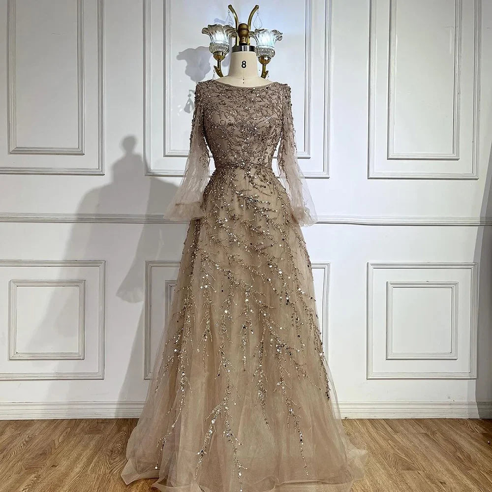 Luxury Muslim Caramel A Line Beaded Dubai Long Sleeve Evening Dresses LA71653A
