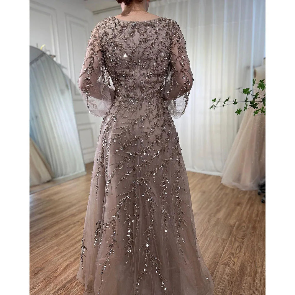 Luxury Muslim Caramel A Line Beaded Dubai Long Sleeve Evening Dresses LA71653A