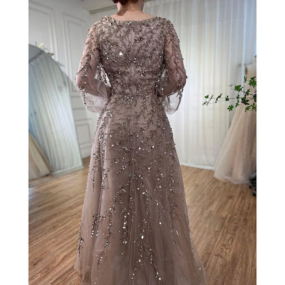 Luxury Muslim Caramel A Line Beaded Dubai Long Sleeve Evening Dresses LA71653A