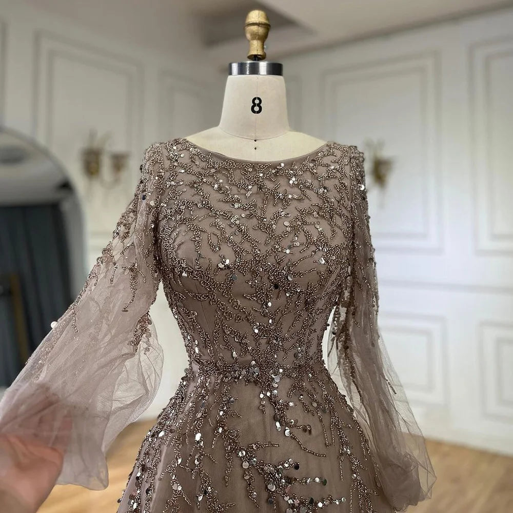 Luxury Muslim Caramel A Line Beaded Dubai Long Sleeve Evening Dresses LA71653A