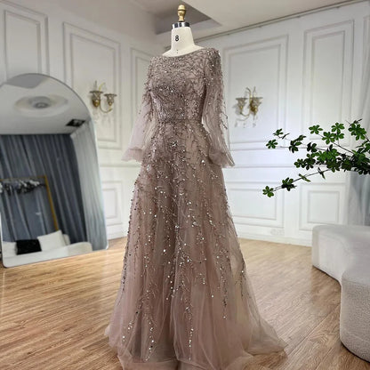 Luxury Muslim Caramel A Line Beaded Dubai Long Sleeve Evening Dresses LA71653A