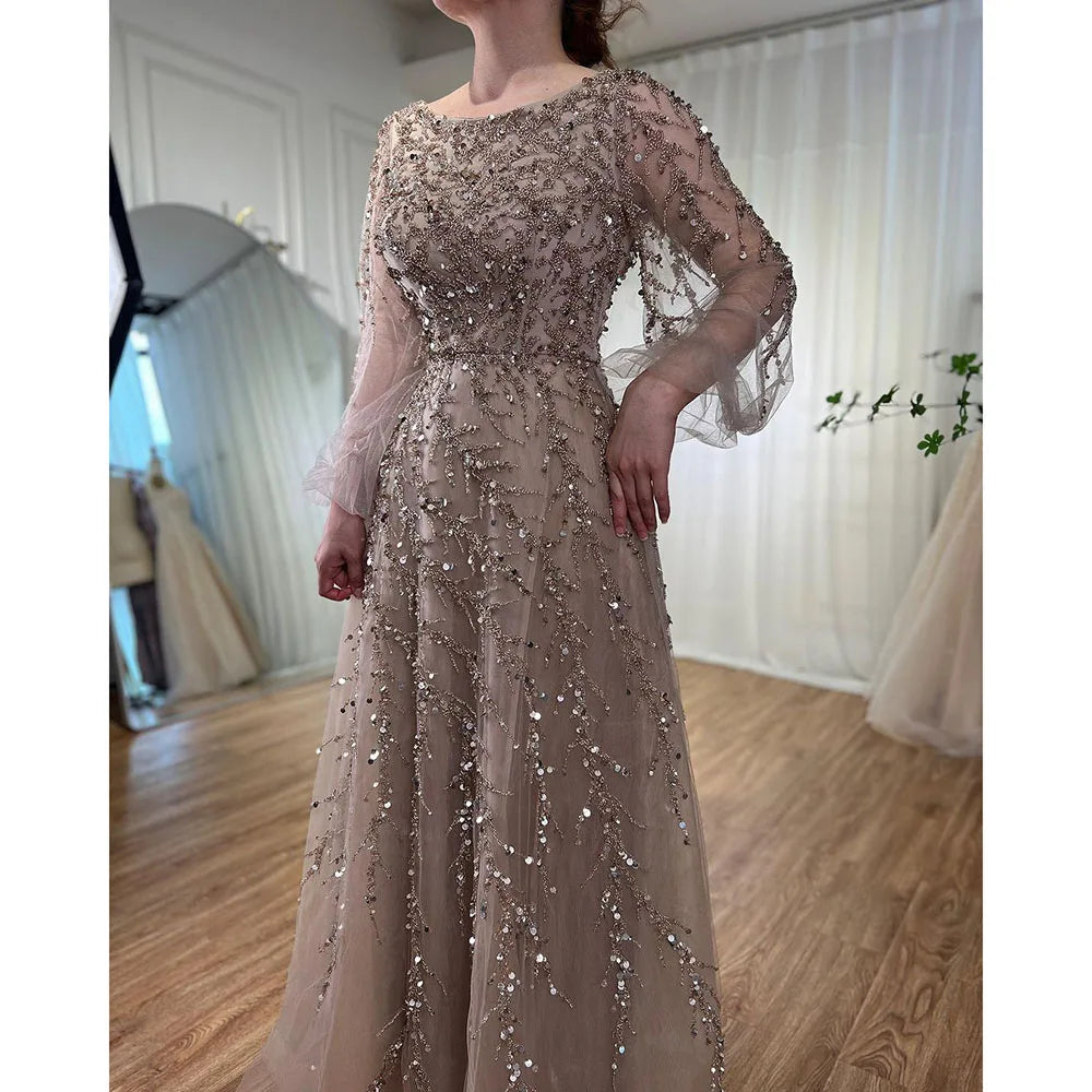 Luxury Muslim Caramel A Line Beaded Dubai Long Sleeve Evening Dresses LA71653A