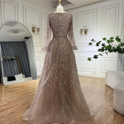 Luxury Muslim Caramel A Line Beaded Dubai Long Sleeve Evening Dresses LA71653A