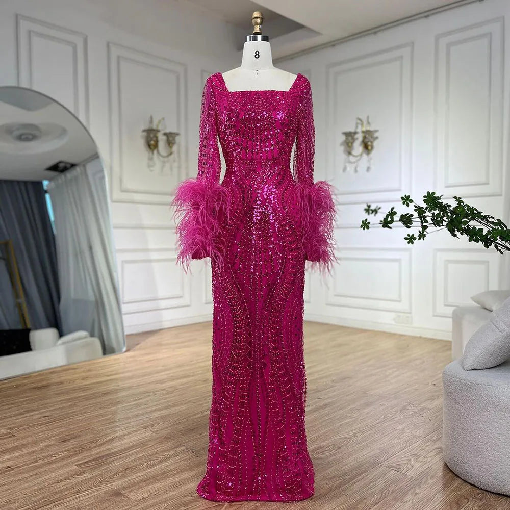 Luxury Fuchsia Dubai Evening Dress Long Sleeves with Feather LA72565