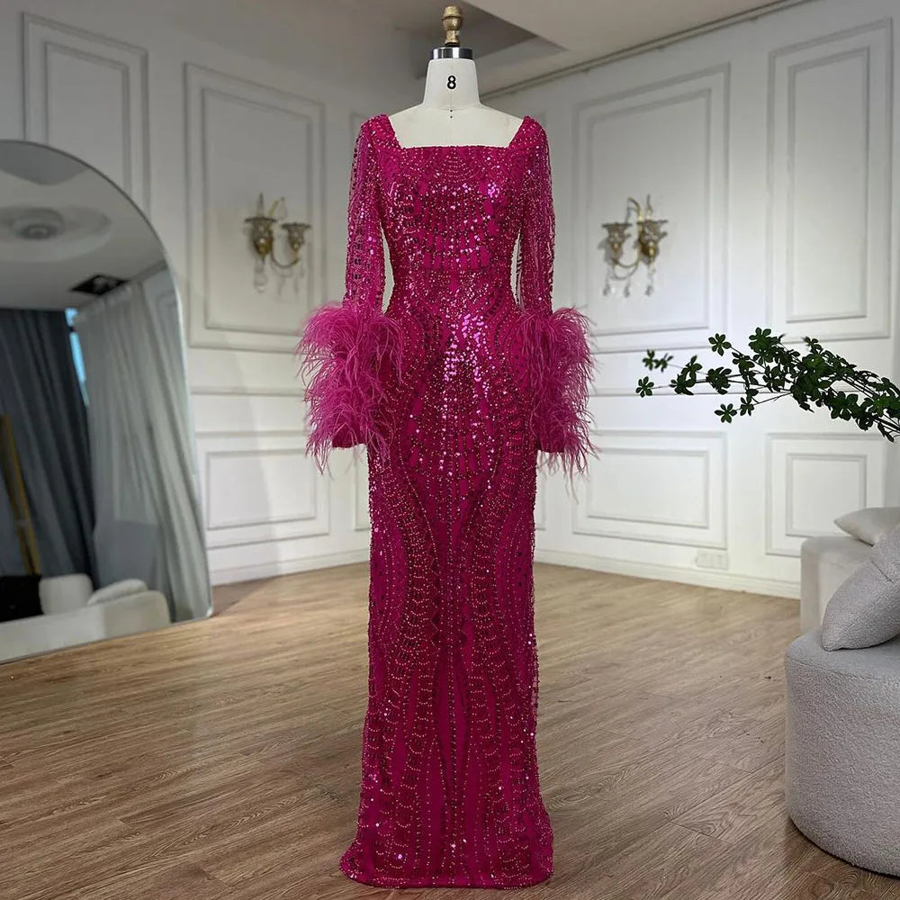 Luxury Fuchsia Dubai Evening Dress Long Sleeves with Feather LA72565