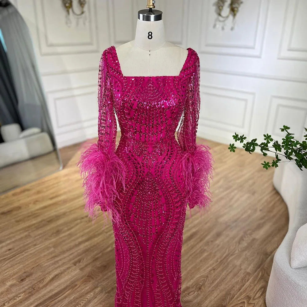 Luxury Fuchsia Dubai Evening Dress Long Sleeves with Feather LA72565