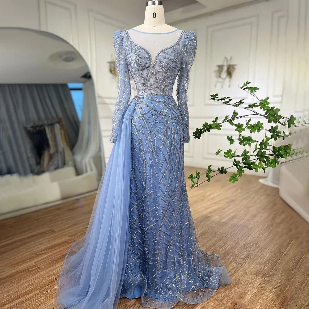 Muslim Luxury Blue Beaded Mermaid Evening Dress with Side Overskirt LA72206