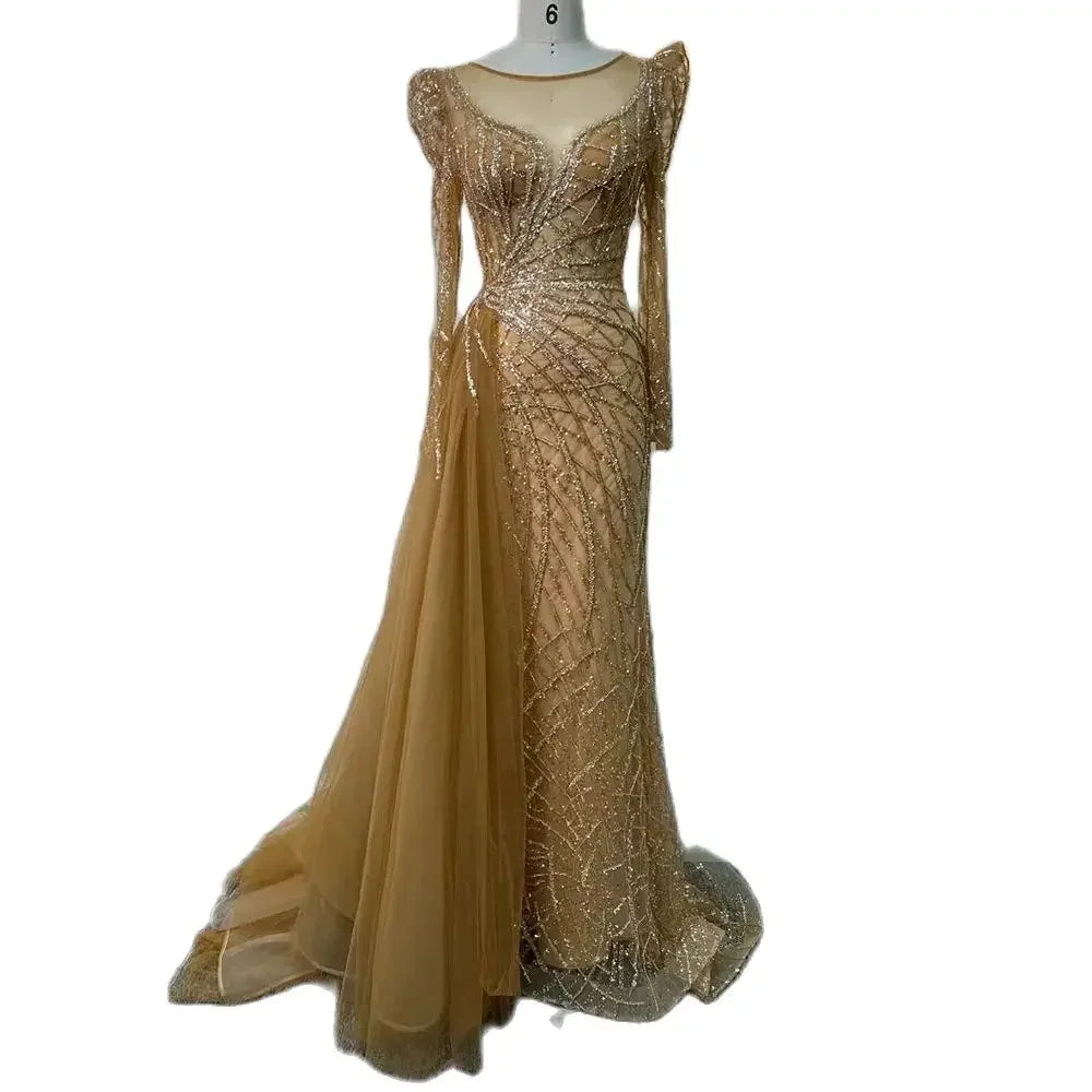 Muslim Luxury Blue Beaded Mermaid Evening Dress with Side Overskirt LA72206