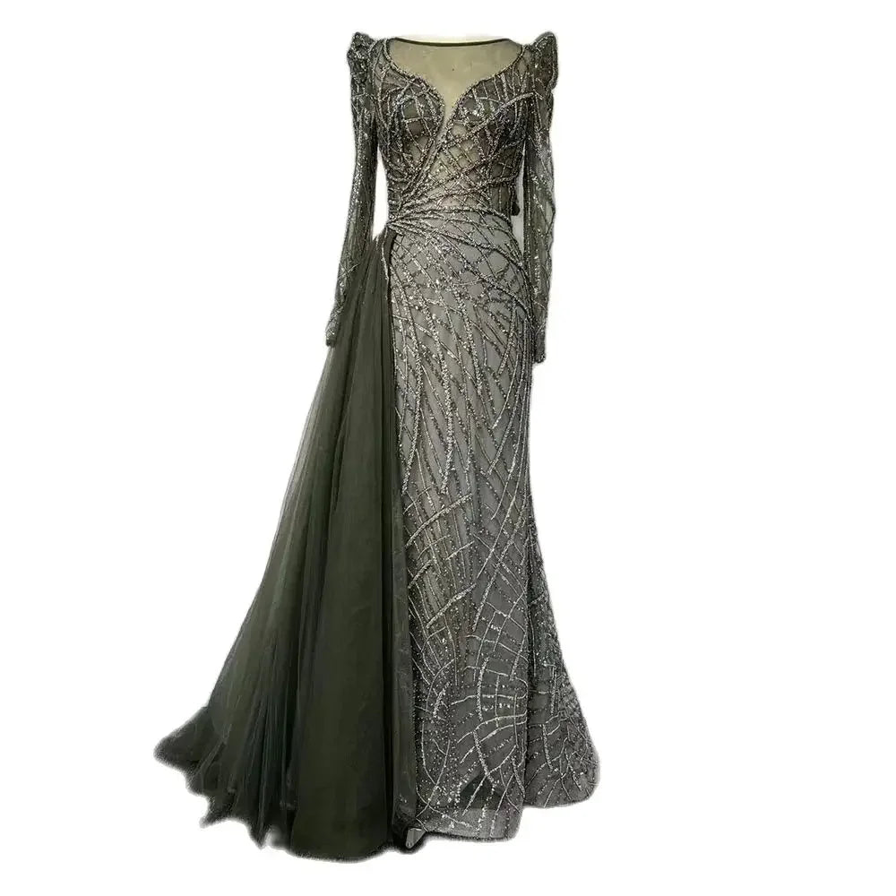 Muslim Luxury Blue Beaded Mermaid Evening Dress with Side Overskirt LA72206