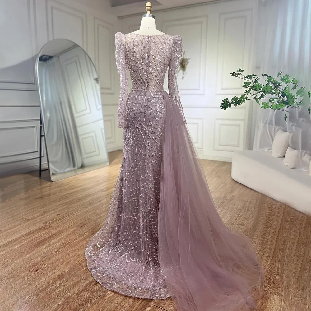 Muslim Luxury Blue Beaded Mermaid Evening Dress with Side Overskirt LA72206