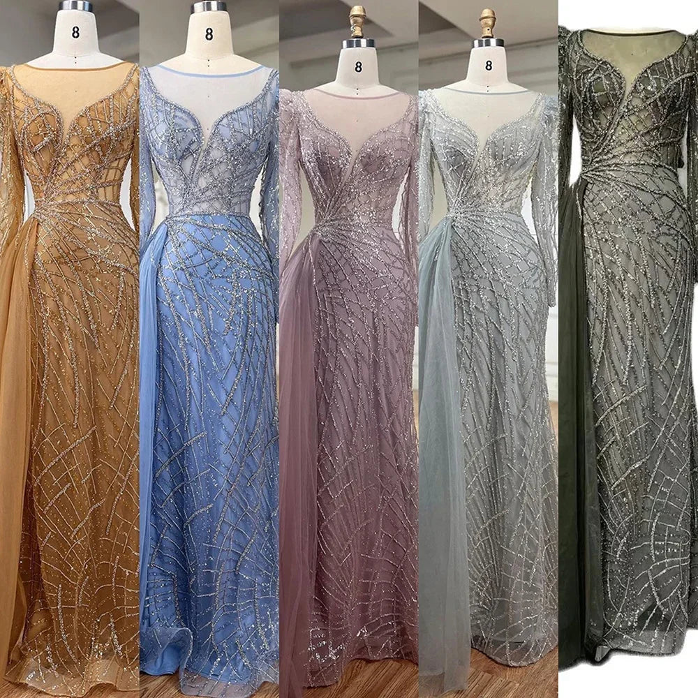 Muslim Luxury Blue Beaded Mermaid Evening Dress with Side Overskirt LA72206
