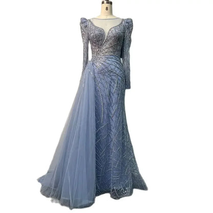Muslim Luxury Blue Beaded Mermaid Evening Dress with Side Overskirt LA72206