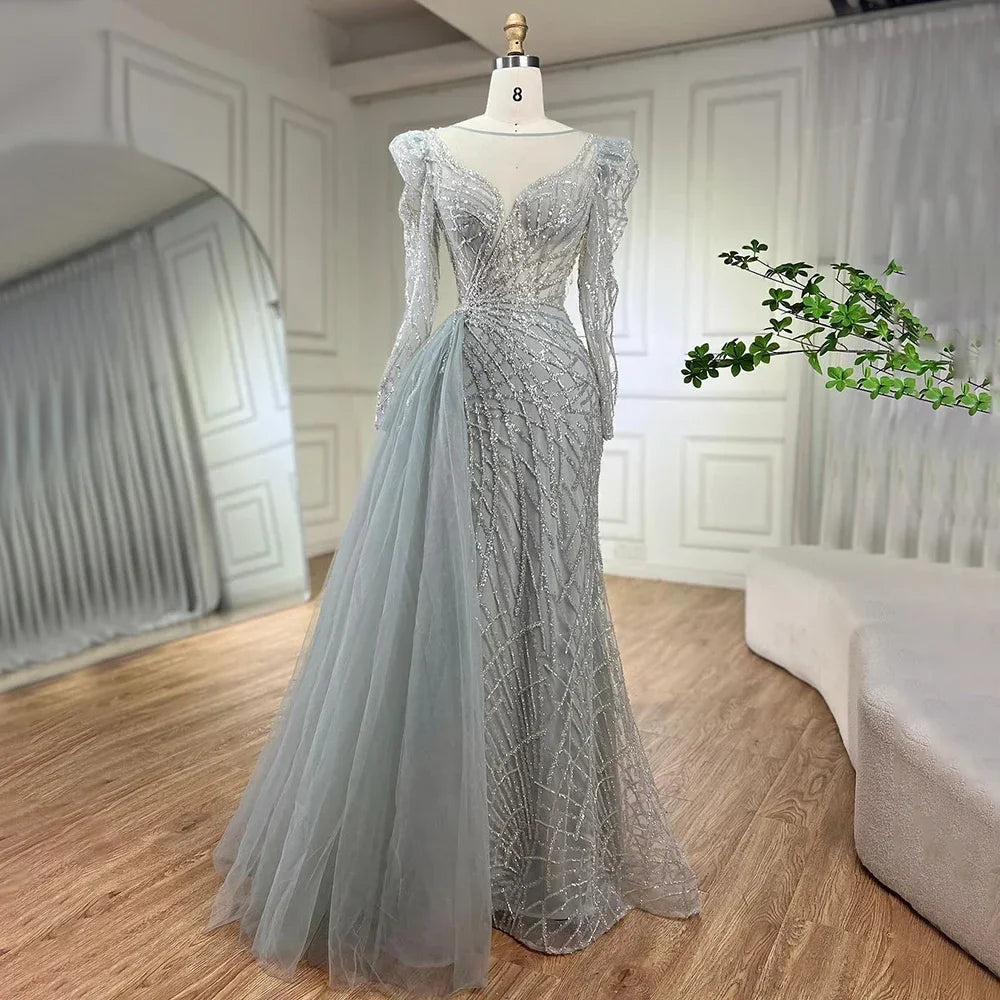 Muslim Luxury Blue Beaded Mermaid Evening Dress with Side Overskirt LA72206