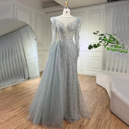 Muslim Luxury Blue Beaded Mermaid Evening Dress with Side Overskirt LA72206