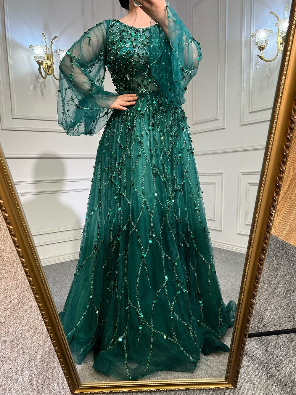 Serene Hill Muslim Green A-Line Luxury Evening Dreses Gowns 2025  O-Neck Puff Sleeves Beaded Sexy Formal Woman Party LA71049A