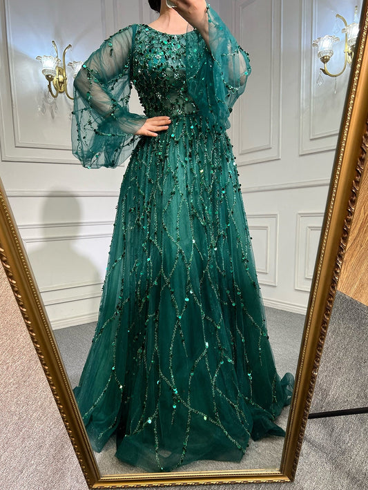 Serene Hill Muslim Green A-Line Luxury Evening Dreses Gowns 2025  O-Neck Puff Sleeves Beaded Sexy Formal Woman Party LA71049A