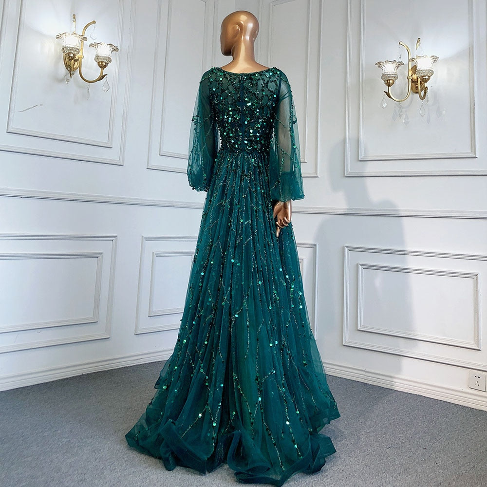 Serene Hill Muslim Green A-Line Luxury Evening Dreses Gowns 2025  O-Neck Puff Sleeves Beaded Sexy Formal Woman Party LA71049A