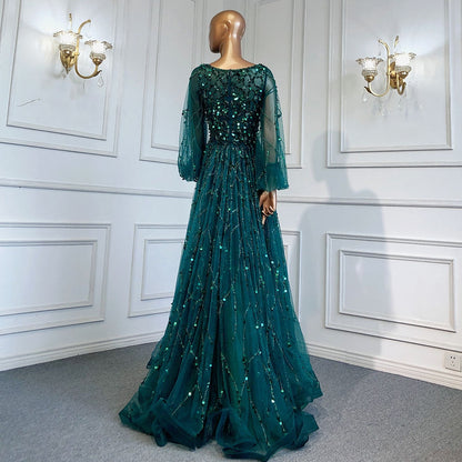 Serene Hill Muslim Green A-Line Luxury Evening Dreses Gowns 2025  O-Neck Puff Sleeves Beaded Sexy Formal Woman Party LA71049A